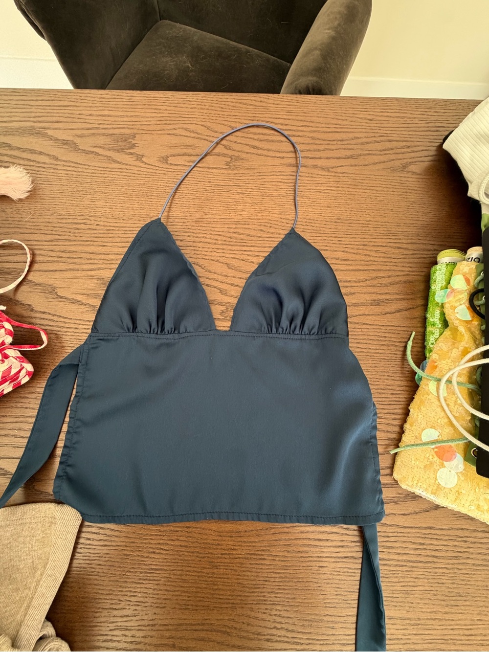 Navy Satin Halter Bandeau Top with Tie Back